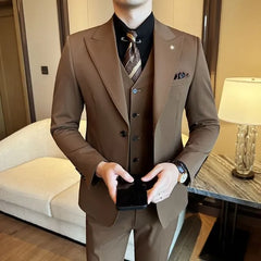 Set: Button-Up Plain Blazer + V-Neck Vest + Dress Pants
