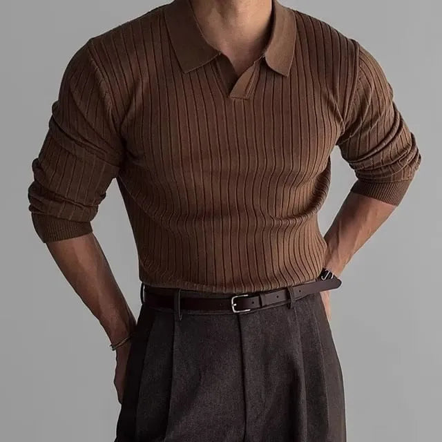 Long Sleeve Open Placket Plain Knit Polo Top