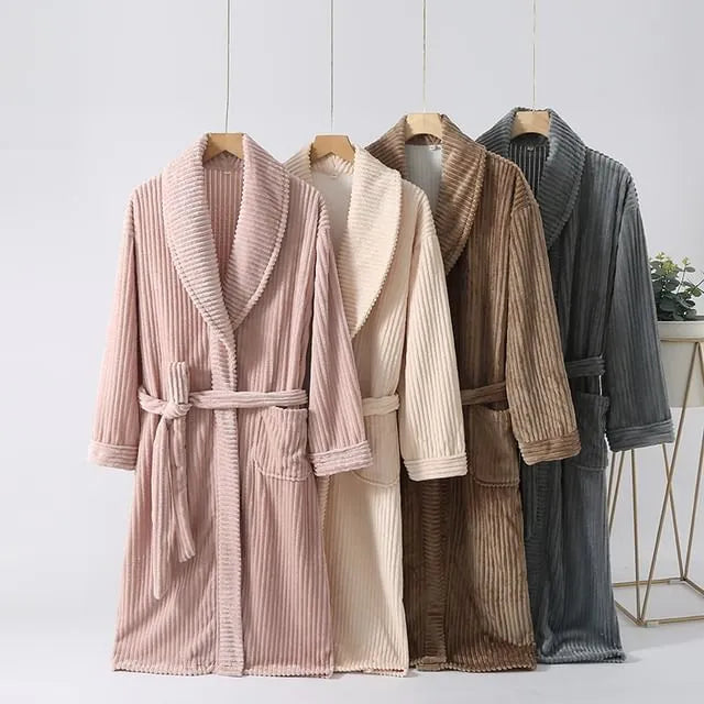 Couple Matching Shawl Collar Plain Coral Fleece Tie Front Robe (Various Designs)