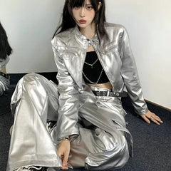Band Collar Plain faux Leather Zip Jacket / Crop Camisole Top / Mid Rise Wide Leg Cargo Pants / Belt / Set