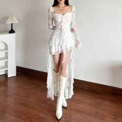 Long Sleeve Sweetheart Neck Plain Ruffle High-Low Lace A-Line Dress