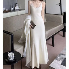 Spaghetti Strap V-Neck Plain Lace Trim Maxi Mermaid Knit Dress / Shawl