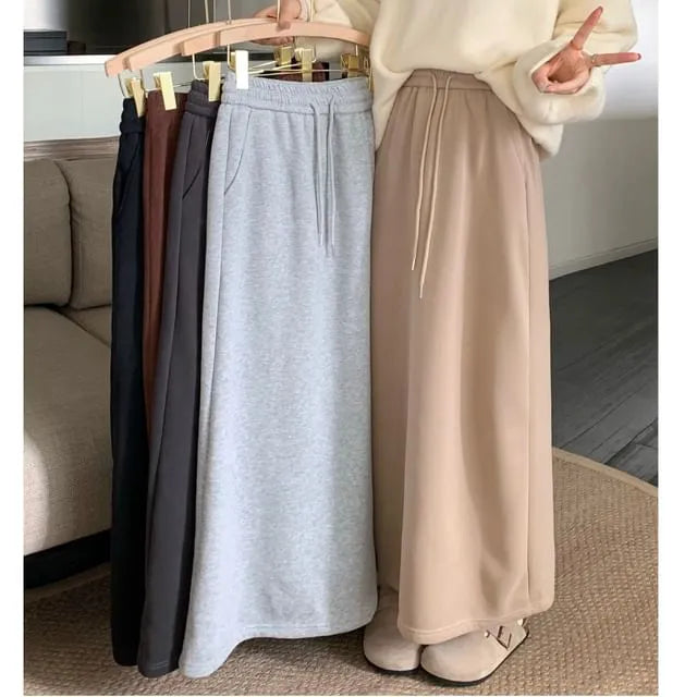 Drawstring Waist Plain Maxi H-Line Skirt