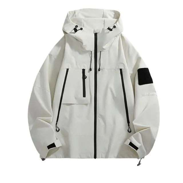 Stand Collar Drawstring Hooded Zip Windbreaker