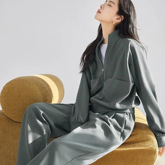 Set: Zip-Up Jacket + High Waist Wide Leg Sweatpants