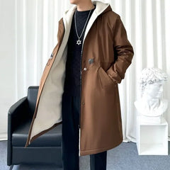 Plain Hooded Drawstring Waist Zip-Up Long Trench Coat