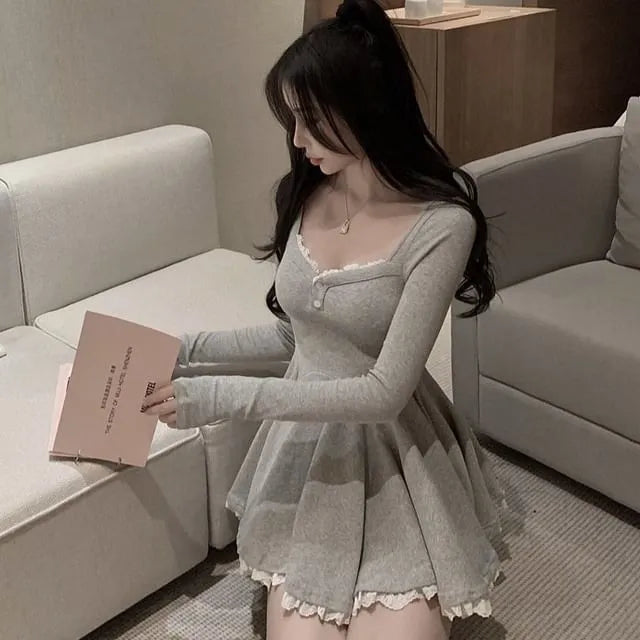 Long-Sleeve Lace Trim Mini A-Line Dress