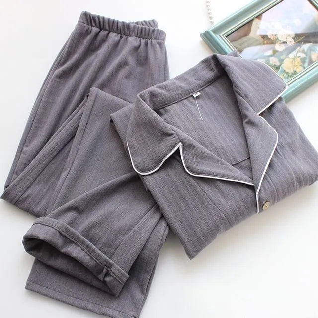Pajama Set: Long-Sleeve Lapel Collar Contrast Trim Button-Up Top + Pants