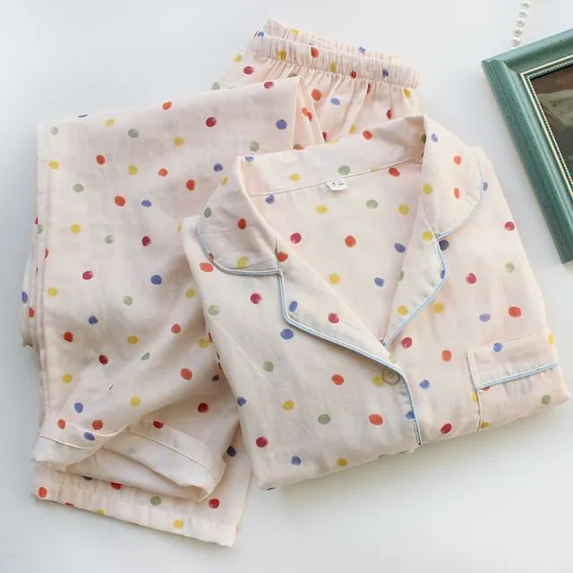 Pajama Set: Long-Sleeve Lapel Collar Dotted Button-Up Top + Pants