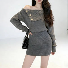 Long Sleeve Off Shoulder Plain Button Mini Sheath Sweater Dress