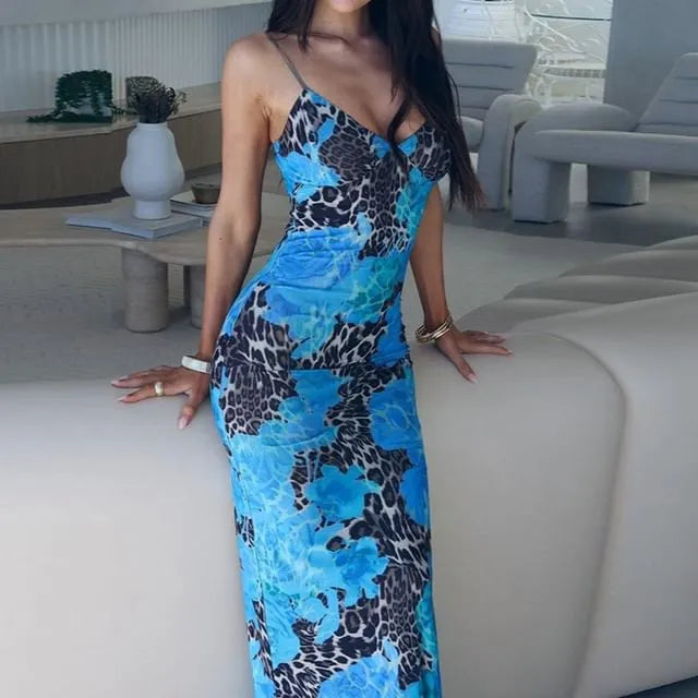 Spaghetti Strap Leopard Print Panel midi Bodycon Dress
