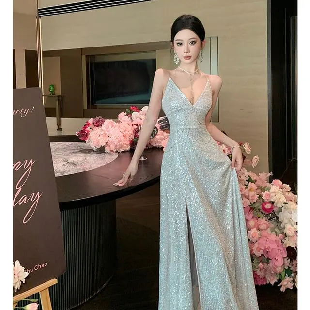 Spaghetti Strap Sequined A-Line Evening Gown