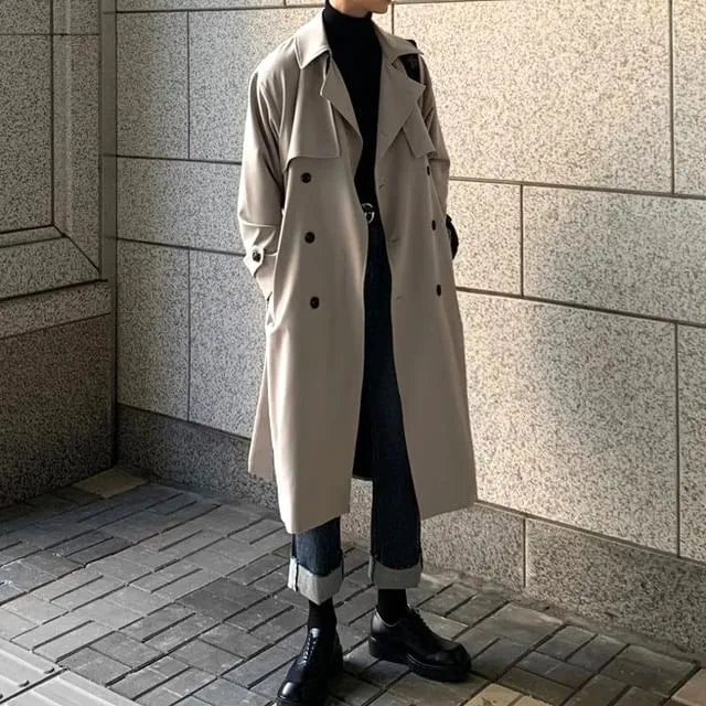 Lapel Collar Plain Double-Breasted Long Trench Coat