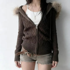 Long Sleeve Plain Cable-Knit Fluffy Hooded Zip-Up Cardigan