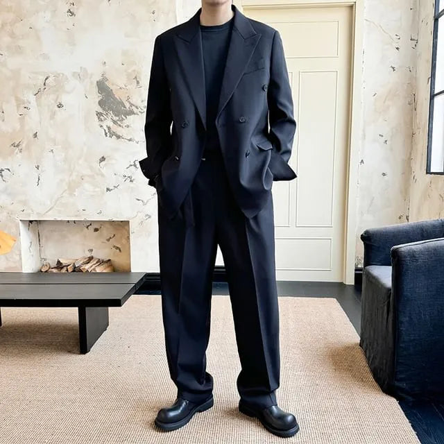 Lapel Collar Plain Double Breasted Blazer / Mid Rise Plain Wide Leg Pants