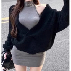 Halter Melange Mini Bodycon Dress / V-Neck Plain Sweater