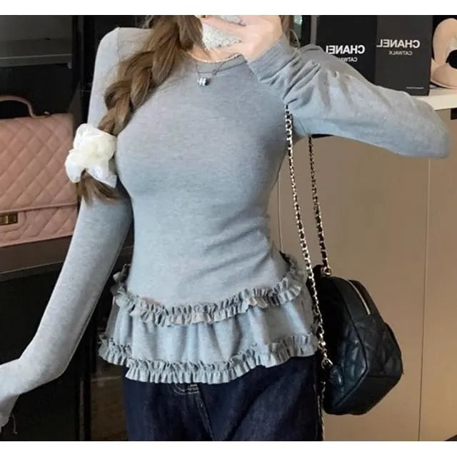 Long-Sleeve Round Neck Ruffle Trim Slim Fit T-Shirt