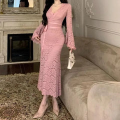 Flared-Sleeve V-Neck Lace Maxi Mermaid Dress