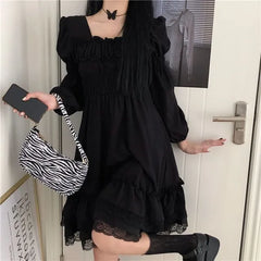 Long-Sleeve Square Neck Lace A-Line Dress