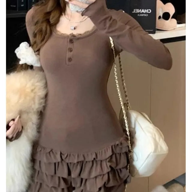 Long-Sleeve Scoop Neck Plain Lace Trim Ruffle Mini Sheath Dress