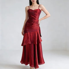 Spaghetti Strap V-Neck Plain Ruffle Panel Ruched Mermaid Evening Gown