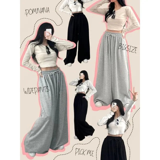 Drawstring Waist Plain Loose-Fit Sweatpants