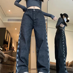 Low Rise Checkerboard Panel Loose Fit Jeans