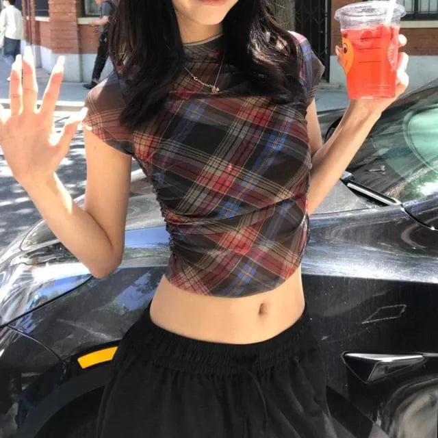 Short-Sleeve Crew Neck Plaid Crop Top
