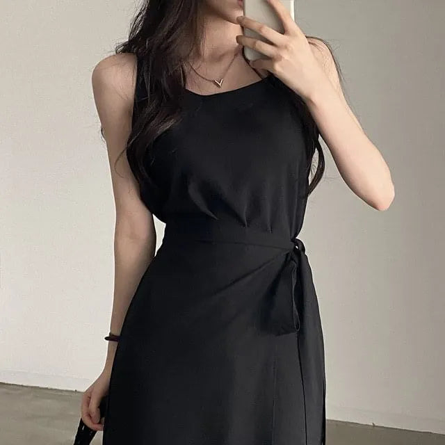 Sleeveless Round Neck Plain Tie-Waist Midi Sheath Dress
