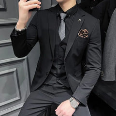 Notch Lapel Plain Single-Breasted Blazer / Vest / Mid Rise Tapered Dress Pants / Set