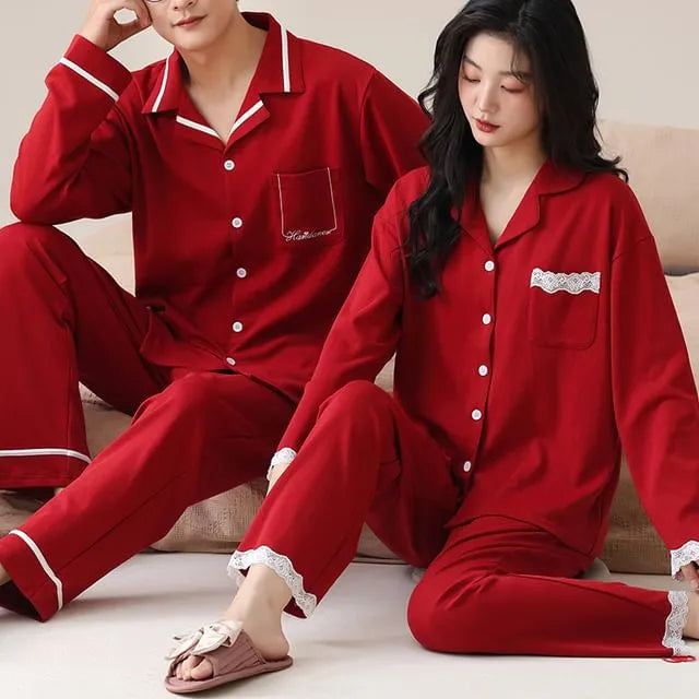 Couple Matching Pajama Set: Long Sleeve Collared Shirt + Elastic Waist Straight Leg Pants (Various Designs)