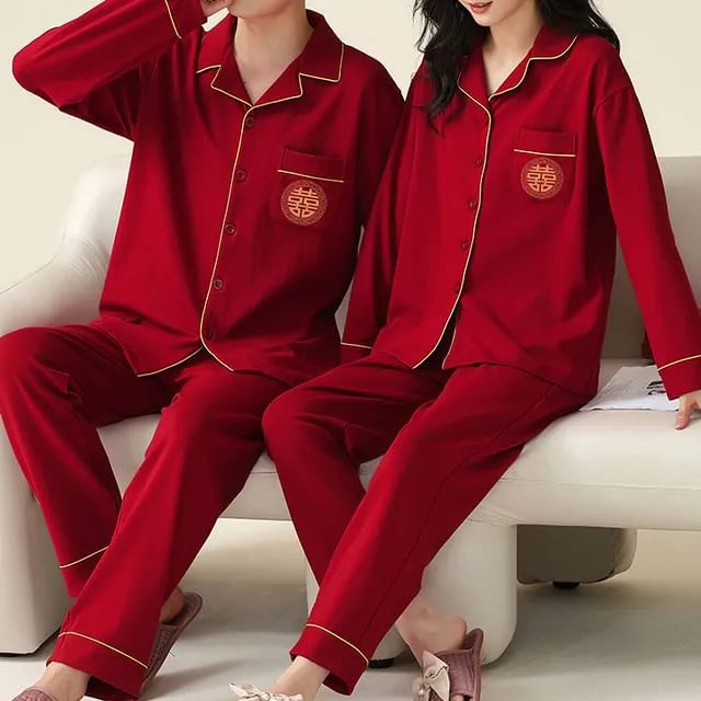 Couple Matching Pajama Set: Long Sleeve Collared Contrast Trim Shirt + Elastic Waist Straight Leg Pants (Various Designs)