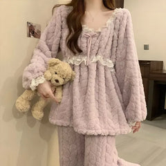 Pajama Set: Long-Sleeve Lace Trim Coral Fleece Top + Pants