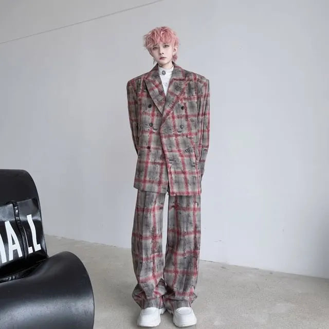 Set: Lapel Collar Plaid Double Breasted Blazer + Mid Rise Wide Leg Pants
