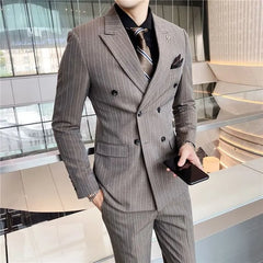 Set: Peak Lapel Striped Double-Breasted Blazer + Mid Rise Cropped Straight Leg Dress Pants + V-Neck Vest