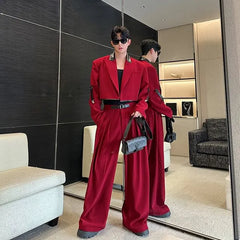 Set: Peak Lapel Two Tone Faux Leather Panel Open Front Crop Blazer + Mid Rise Wide Leg Dress Pants