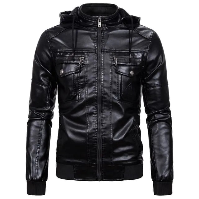 Hooded Fleece-Lined Faux Leather Zip Jacket