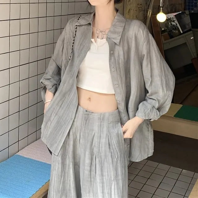 Collared Tie Dye Oversized Shirt / Mid Waist Plain Wide Leg Pants