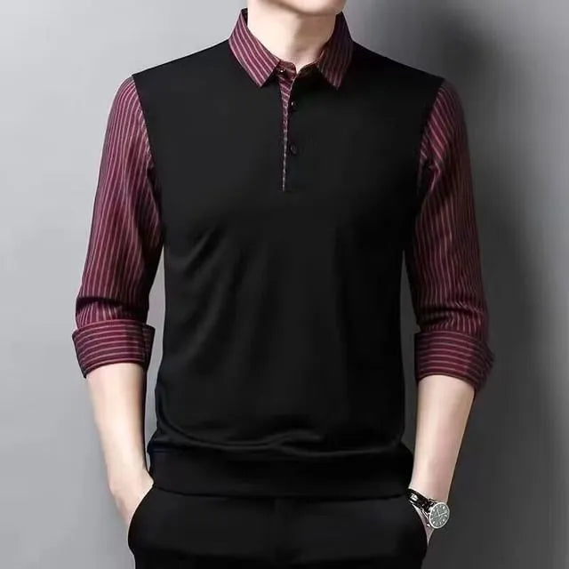 Mock Two-Piece Long-Sleeve Striped Panel Shirt