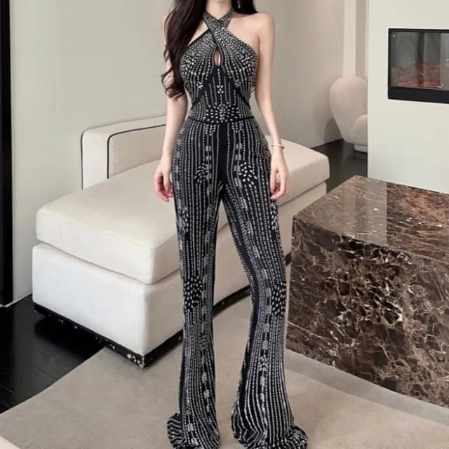 Halter Neck Rhinestone Wide Leg Jumpsuit