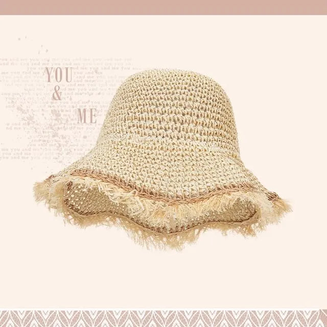 Fringed Trim Straw Bucket Hat