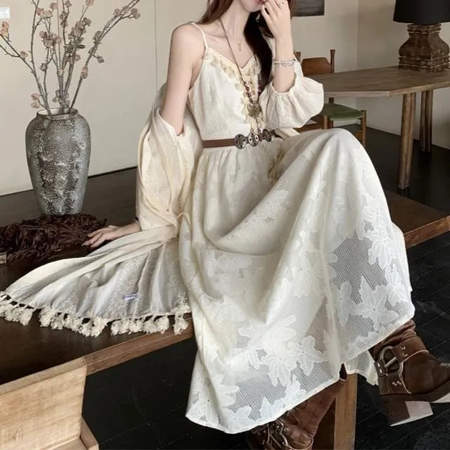 Spaghetti Strap V-Neck Tassel Lace Midi A-Line Dress / Tie Front Plain Long Jacket / Belt