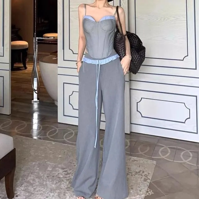 Mock Two Piece Bustier Top / Drawstring Waist Panel Wide Leg Pants