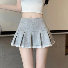 High Waist Pleated Lace Trim Skort