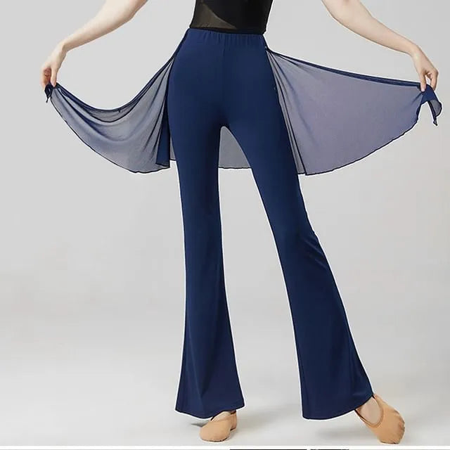 High Waist Plain Overlay Flared Dance Pants
