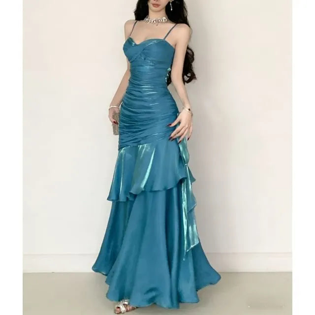 Spaghetti Strap Scoop Neck Plain Ruched Mermaid Evening gown