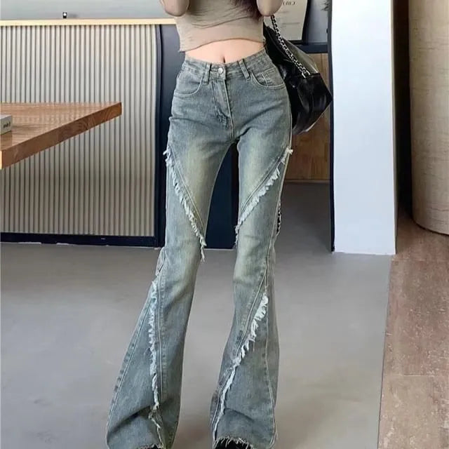 Mid Rise Washed Distressed Flared Jeans