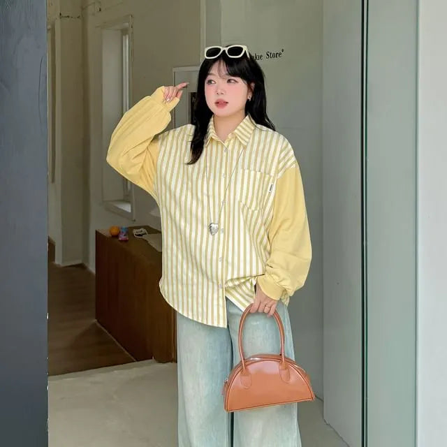 [XL-4XL] Long Sleeve Collared Striped Panel Shirt