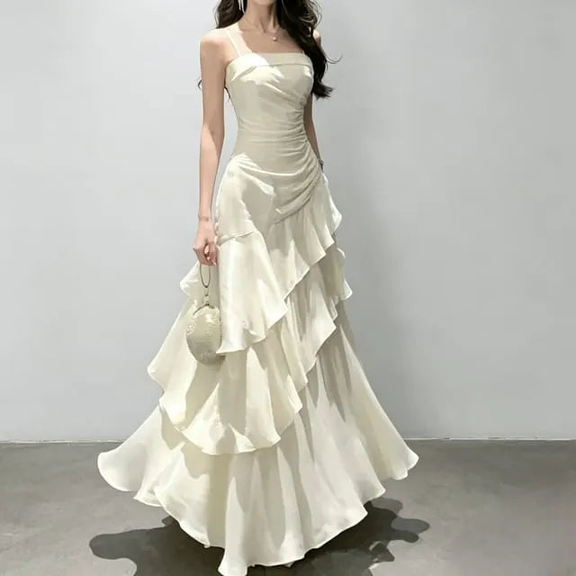 Spaghetti Strap Plain Ruched Ruffle Trim Maxi A-Line Dress
