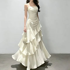 Spaghetti Strap Plain Ruched Ruffle Trim Maxi A-Line Dress
